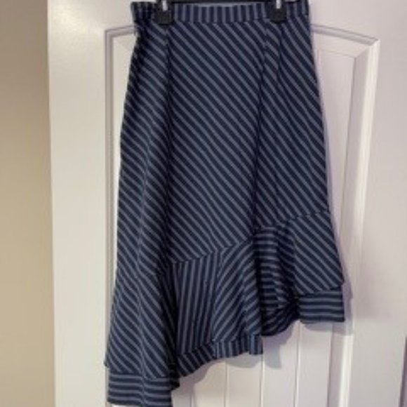 Joie Navy Blue & White Stripe Assymetrical Hem Midi Skirt - Size 4 - Picture 7 of 8